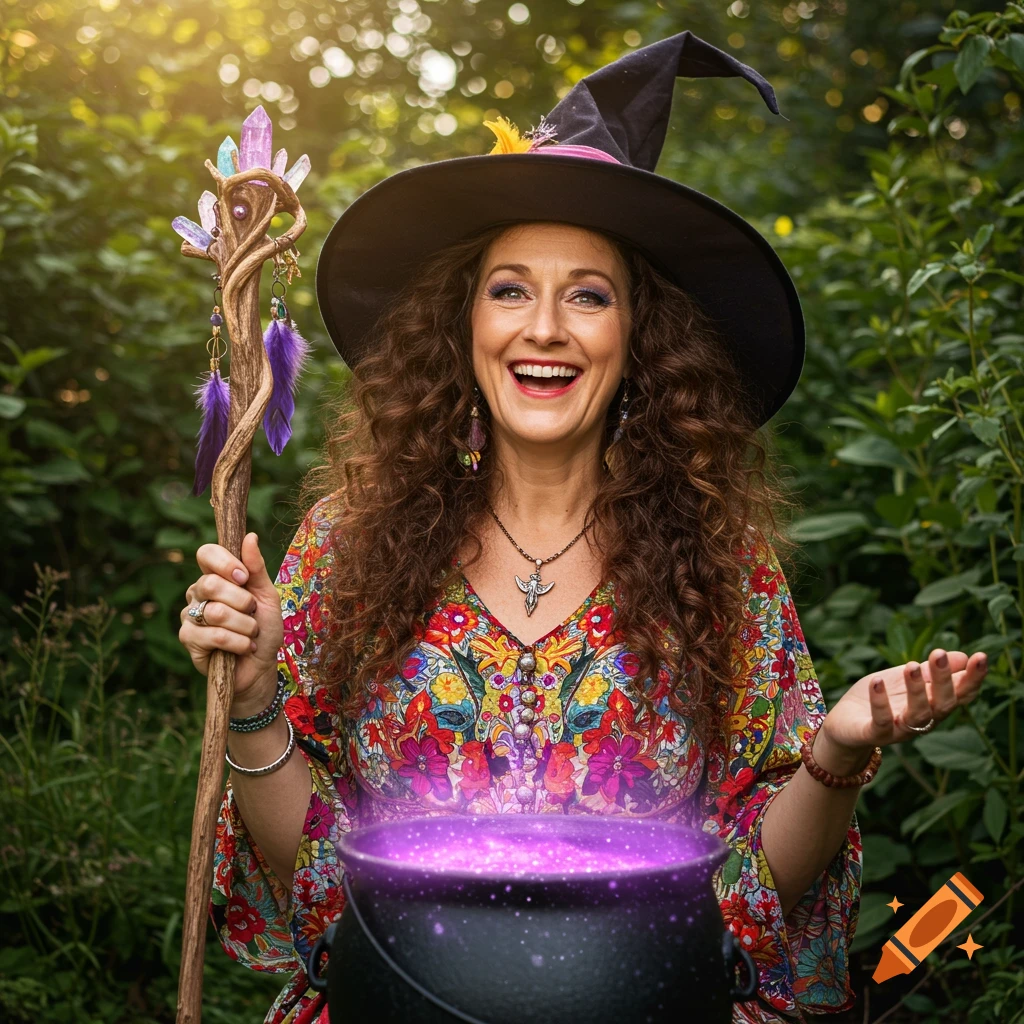 A happy witch in a forest holds a staff and stirs a glowing purple cauldron.