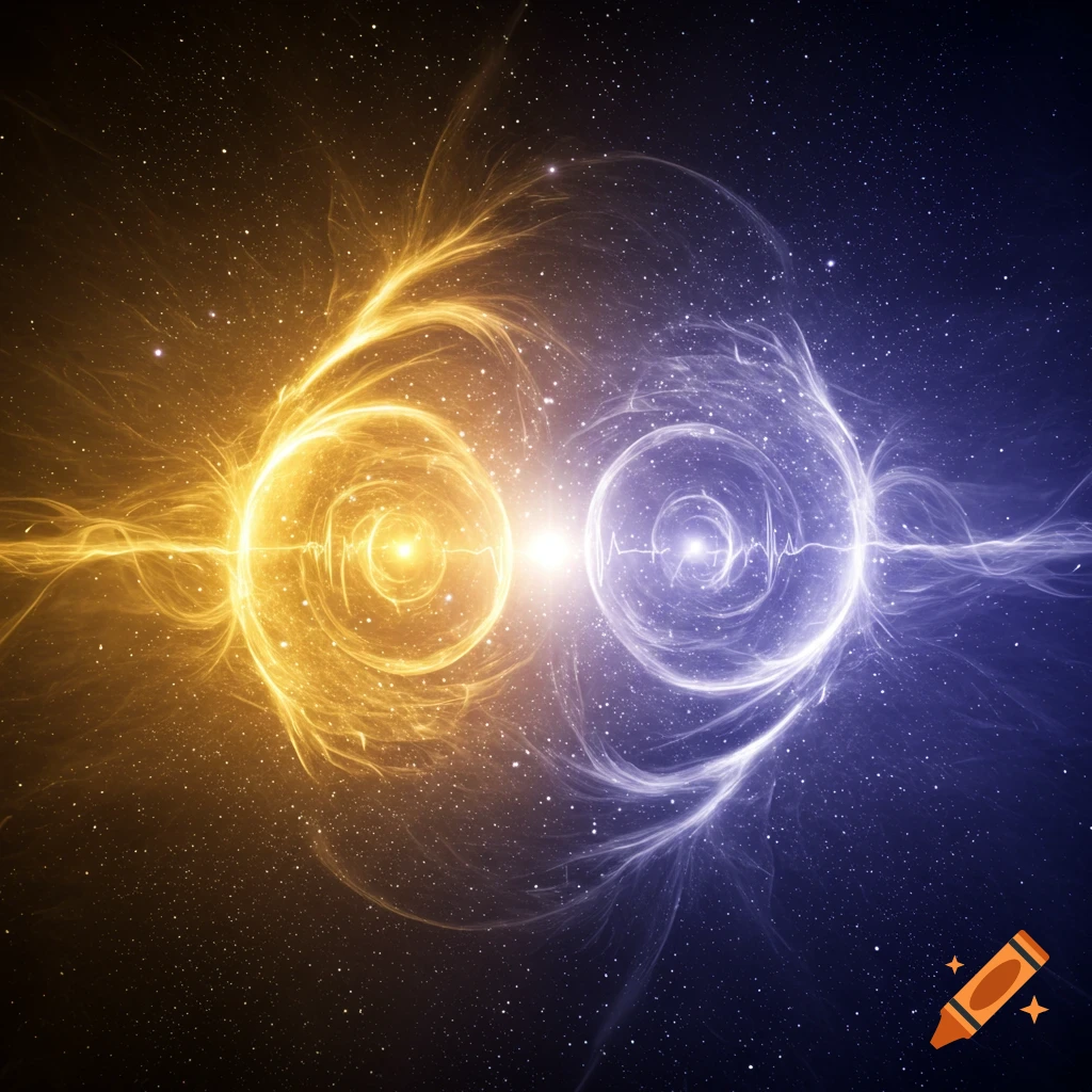 Abstract depiction of merging gold and blue energy fields in a starry space with a central pulse.