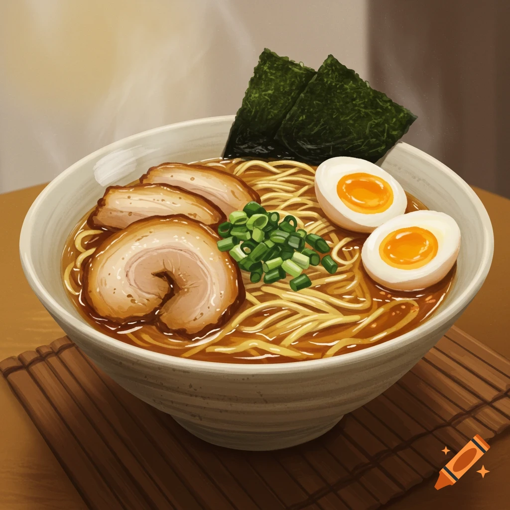 A bowl of ramen with pork, eggs, green onions, and seaweed.