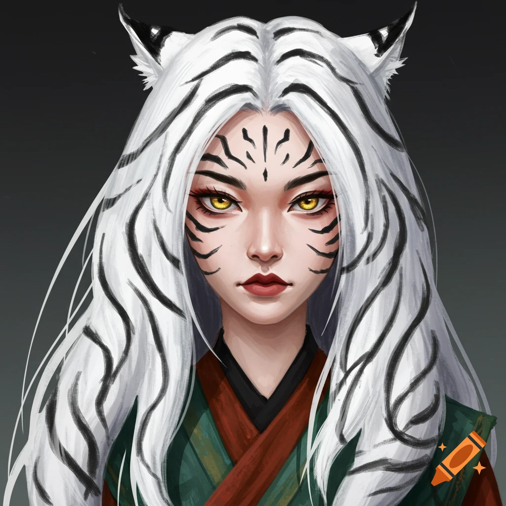 A woman with white tiger stripes, golden eyes, and traditional East Asian clothing.