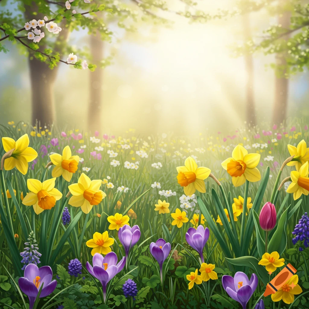 A sunny spring field filled with yellow daffodils, purple crocuses, and other colorful flowers.