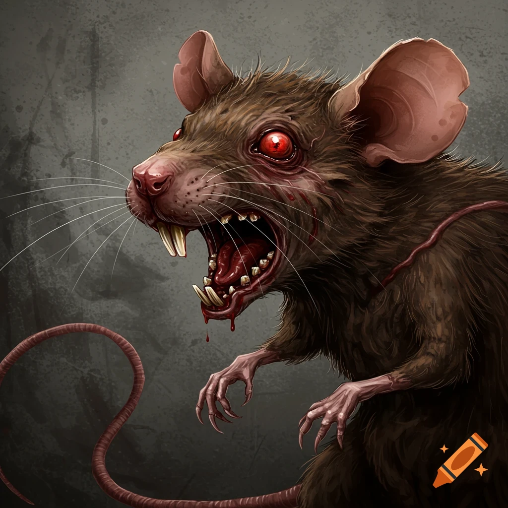 A rabid mouse with red eyes, bared teeth, and claws, with traces of blood.