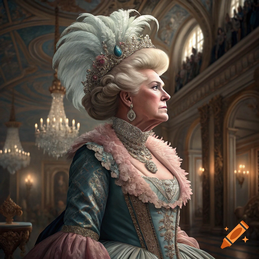 Portrait of a person in elaborate historical costume in a grand palace interior.