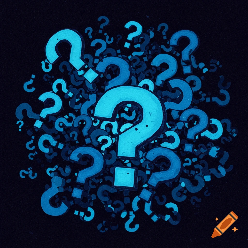 Many blue question marks on a dark background digital illustration