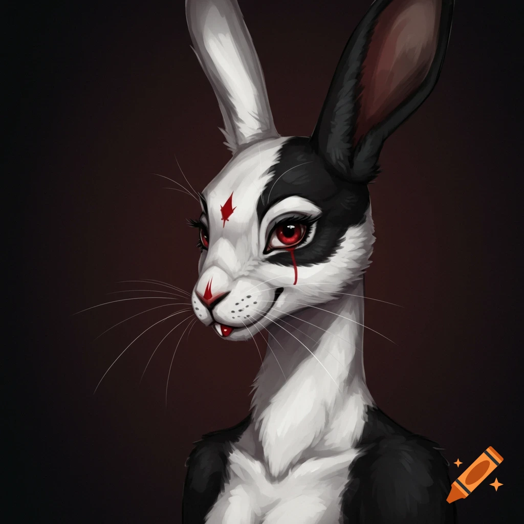 An evil-looking Harlequin rabbit with red eyes and markings.