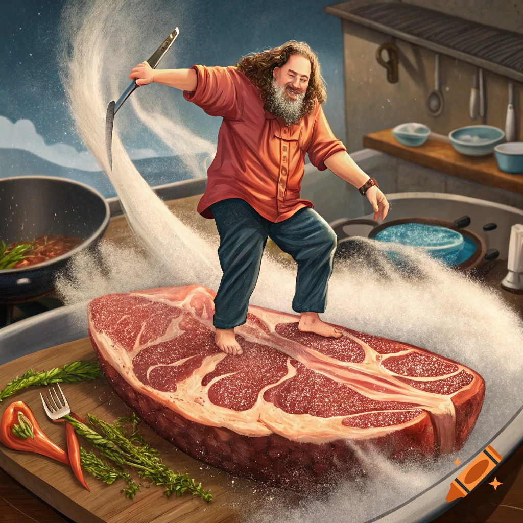 Man with beard surfs on a large steak in a kitchen, throwing salt or sugar.