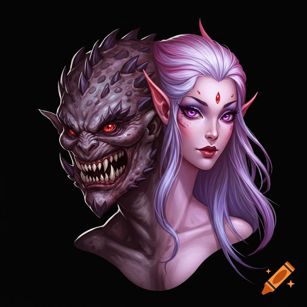 A two-headed fantasy creature, one monstrous, one elf-like woman.