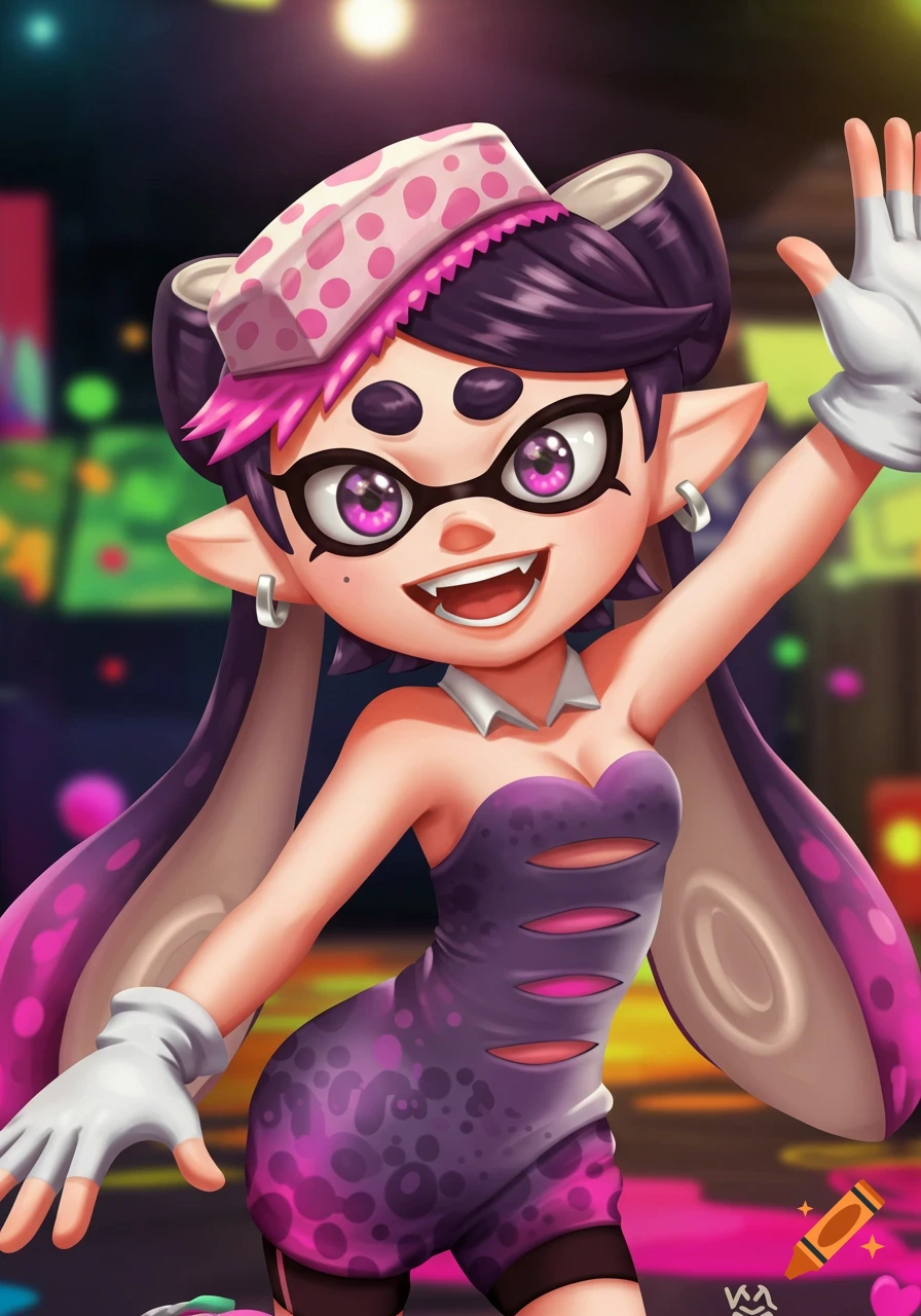 Stylized illustration of Callie from Splatoon, smiling and waving.