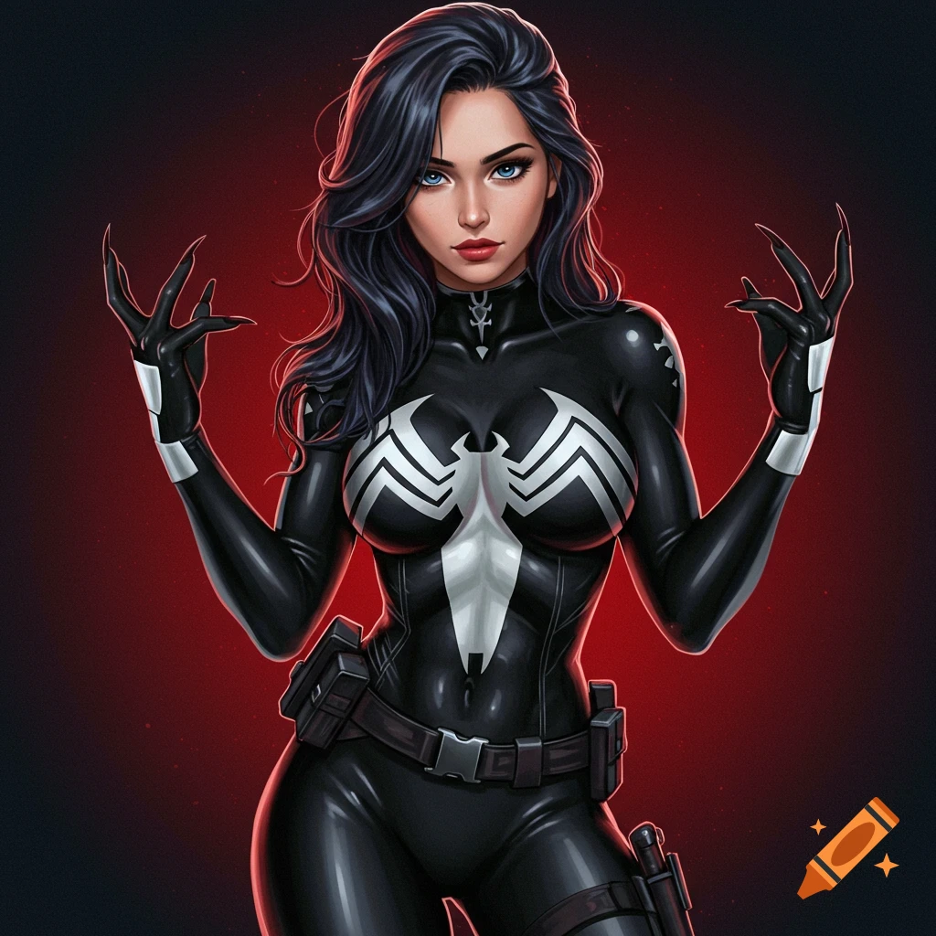 A woman in a black Venom suit with white spider emblem and claws.