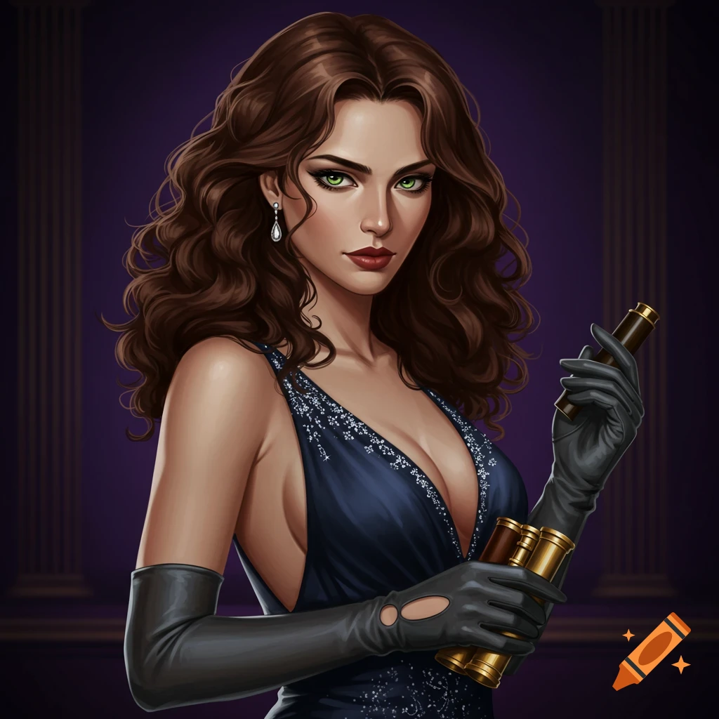 A woman spy with curly brown hair and green eyes holding a brass telescope.