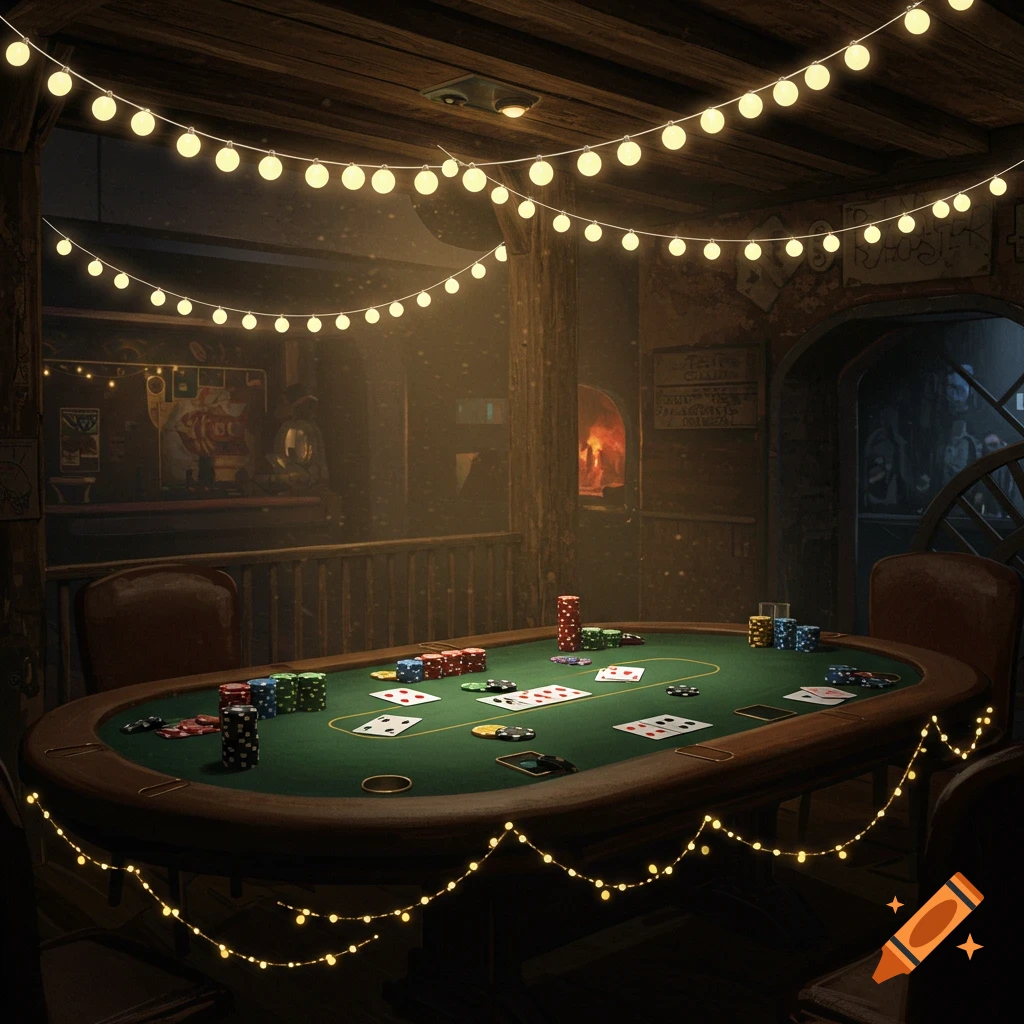 A poker table in a dimly lit room, with chips, cards, and strings of fairy lights