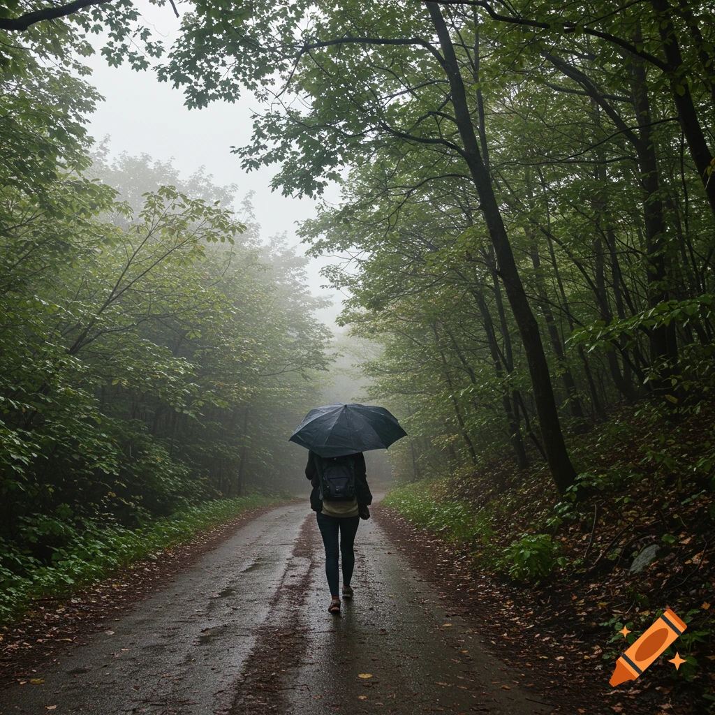 A person walks away on a wet road through a forest in the rain.