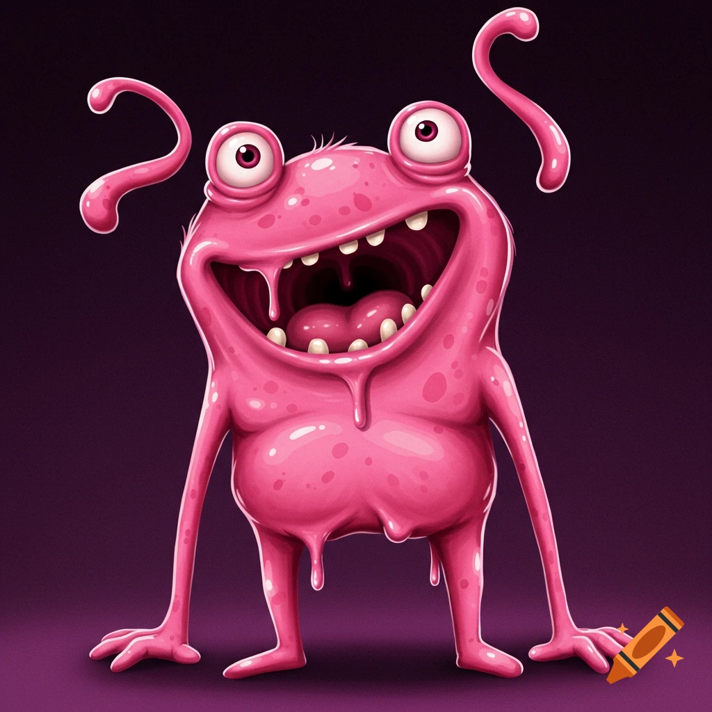 A stylized digital illustration of a pink, gooey monster with large eyes on stalks and a wide, open mouth.