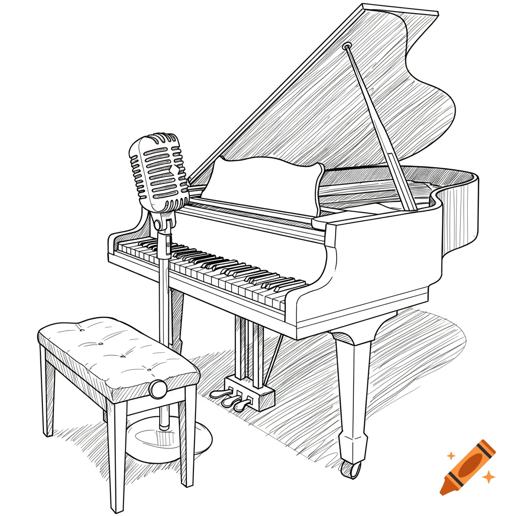 Line drawing of a grand piano with a stool and a vintage microphone.