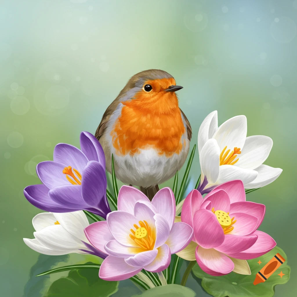 A robin bird sits among purple, white, and pink flowers.