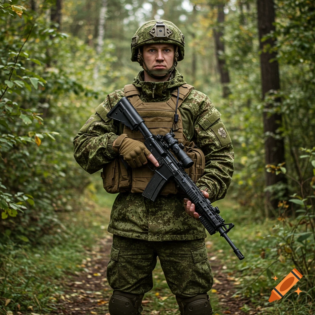 A soldier in camouflage uniform holds a rifle in a forest.