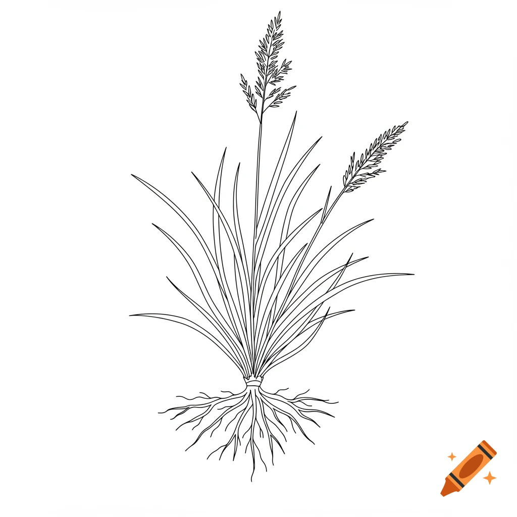 Black and white line drawing of a grass plant with roots and flowering stems on a white background.