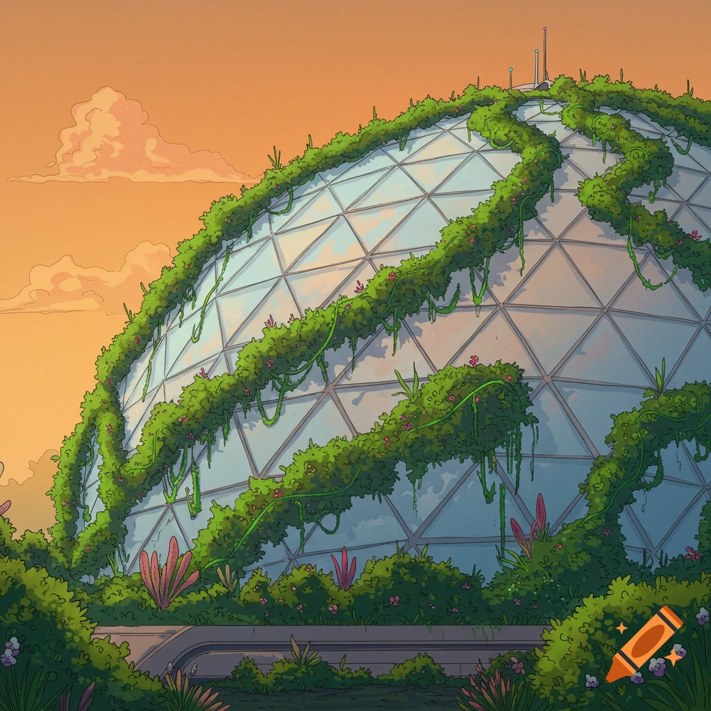 A glass geodesic dome building covered in vines and bushes.