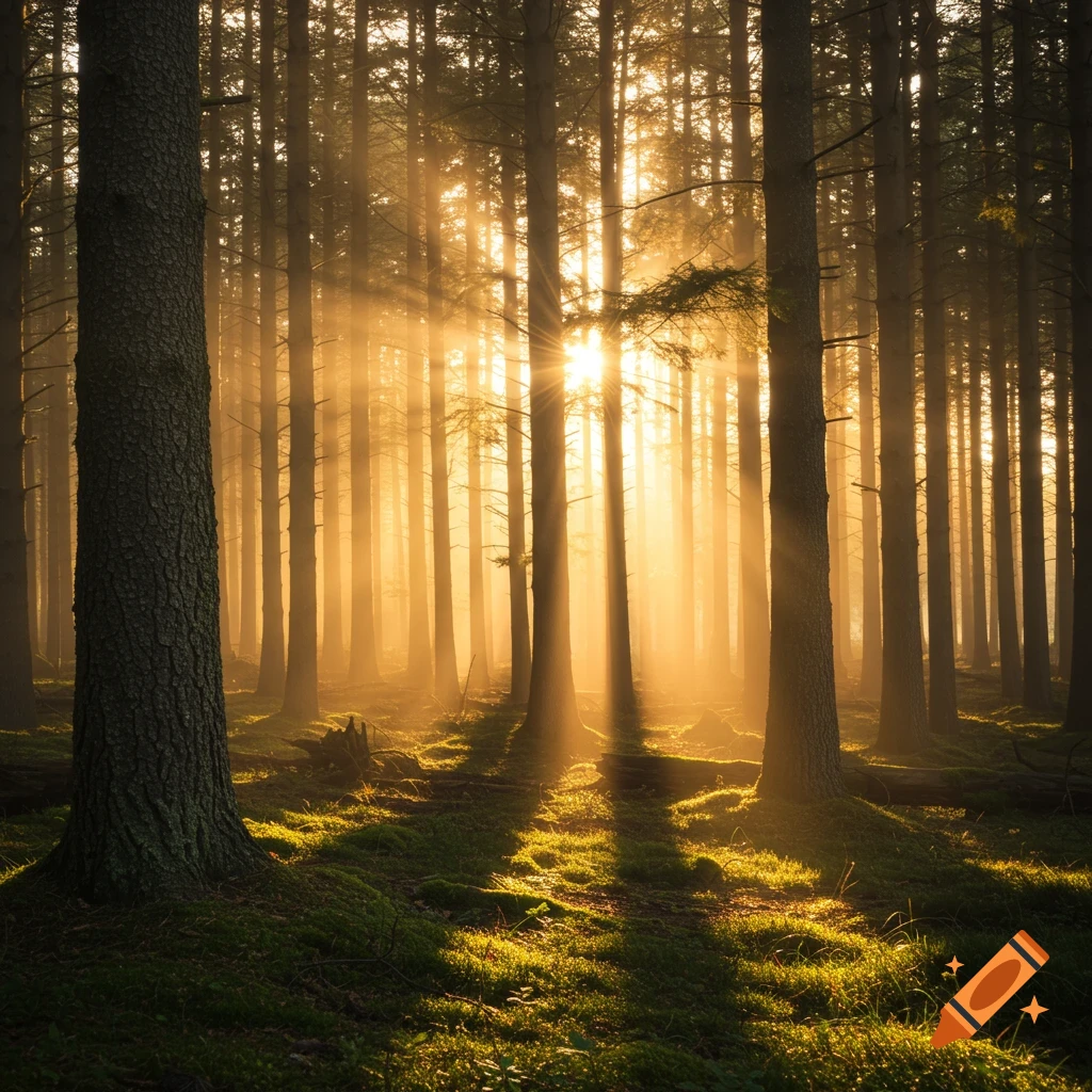 Sunlight streams through tall trees in a misty forest.