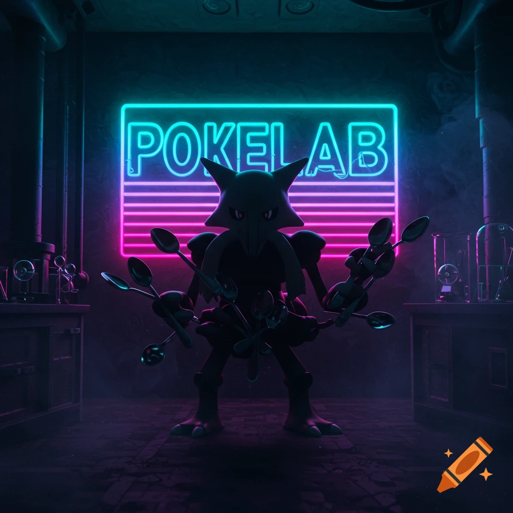 Silhouette of Alakazam in a dark, neon-lit Pokelab laboratory