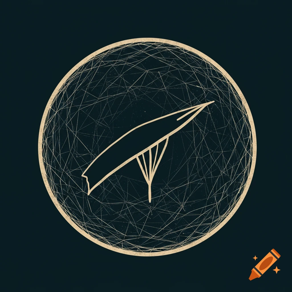 Stylized shape resembling a surfboard on a stand inside a textured circle against a dark background.