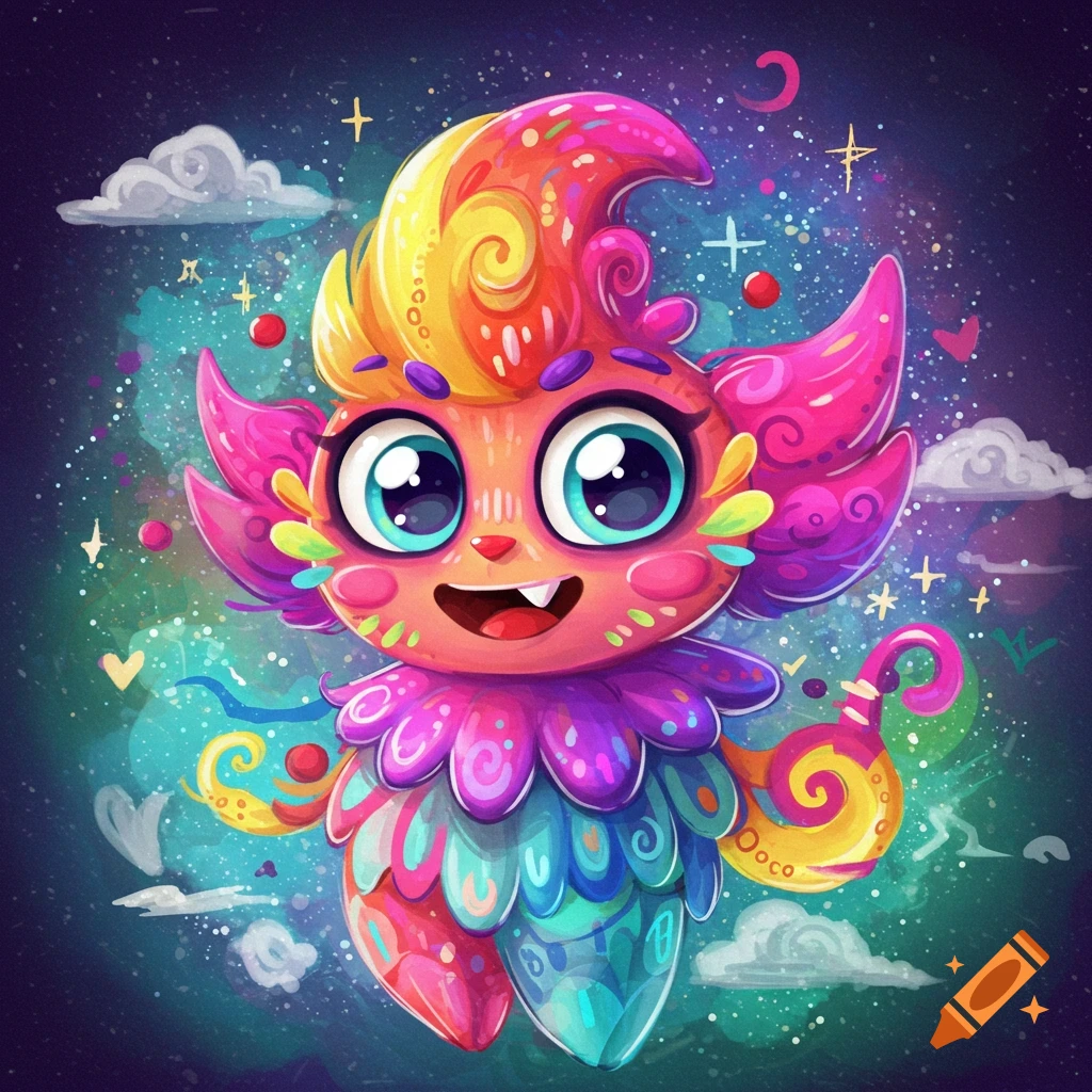 A vibrant, colorful fantasy creature with large eyes and bright hair floats in a starry sky with clouds.