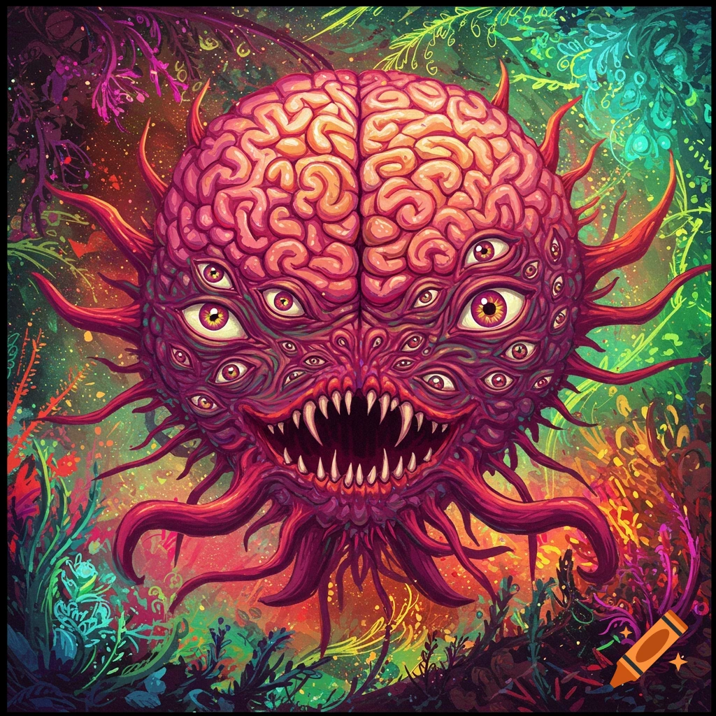 A monstrous creature with a brain head, many eyes, sharp teeth, and tentacles in a colorful, abstract background.