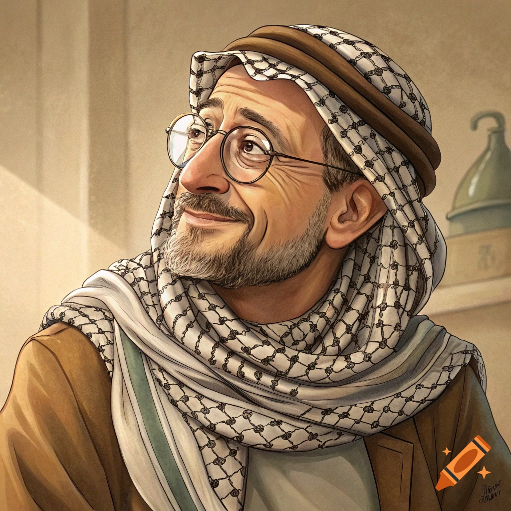 An illustrated portrait of a man with glasses and a beard wearing a patterned keffiyeh, looking up and smiling.