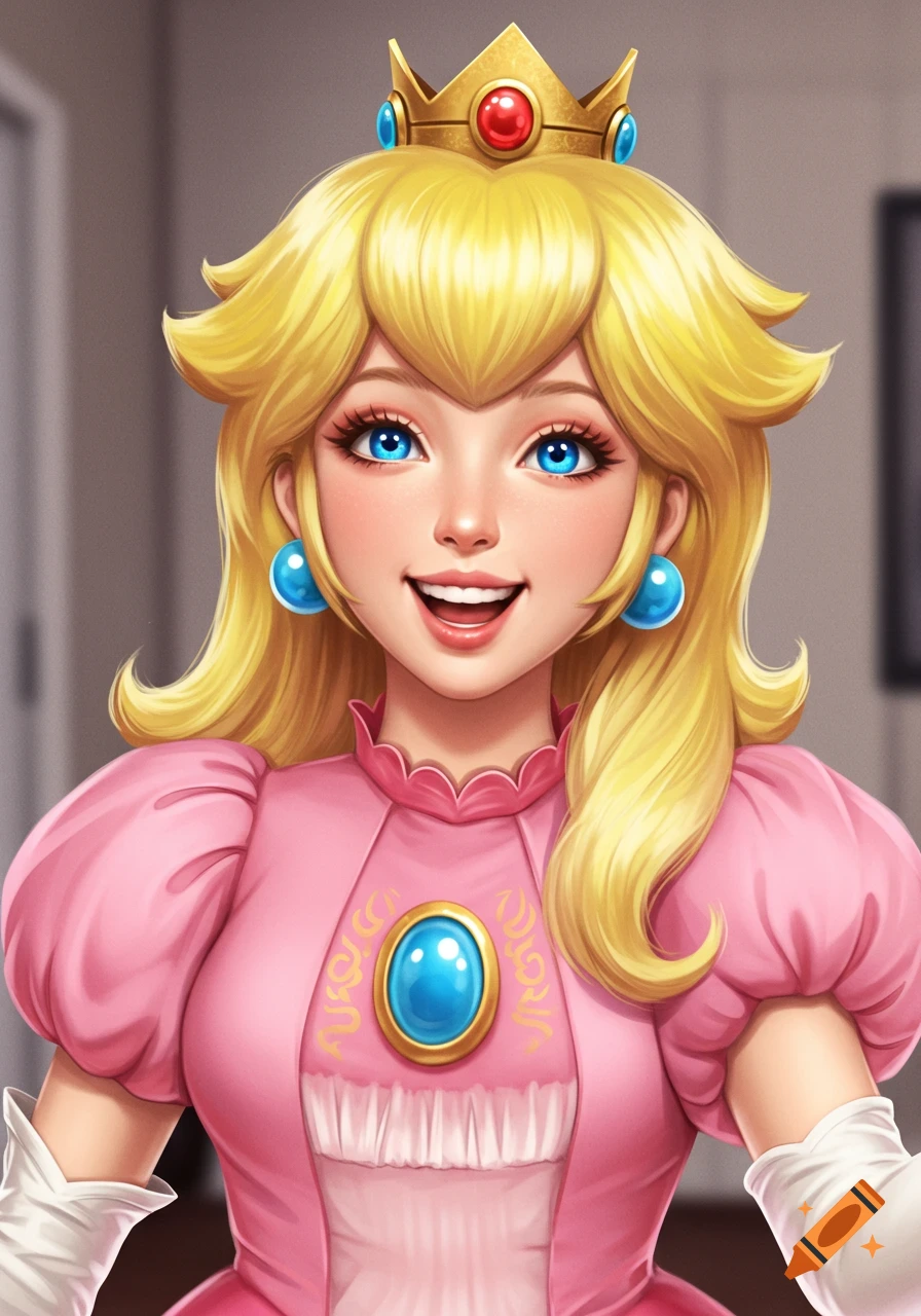 Portrait of Princess Peach in a pink dress and tiara, smiling