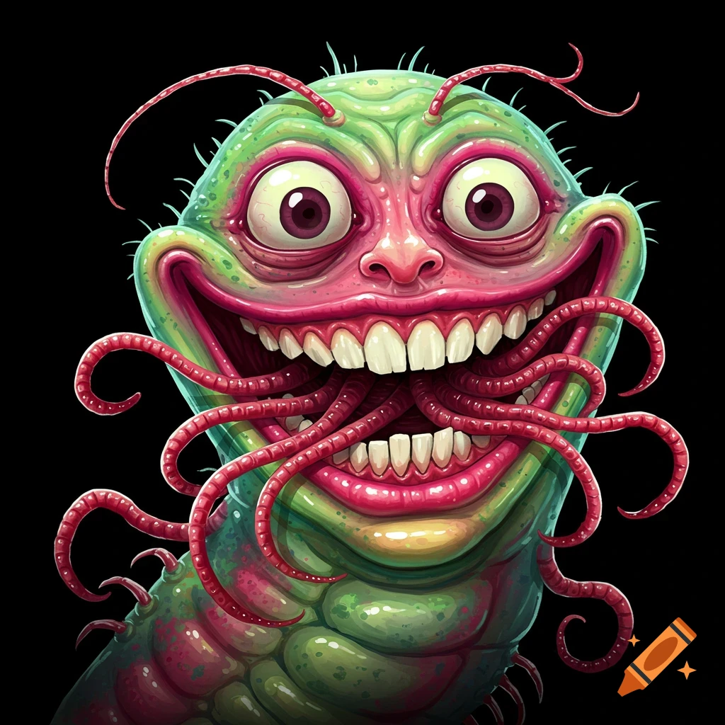 Close-up of a green monster smiling with tentacles for teeth on a black background.