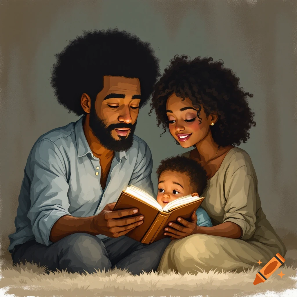 Cartoon illustration of a family reading a book together.