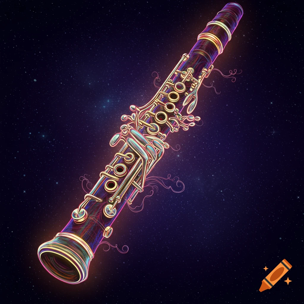 A glowing clarinet floats in space surrounded by swirling lines.