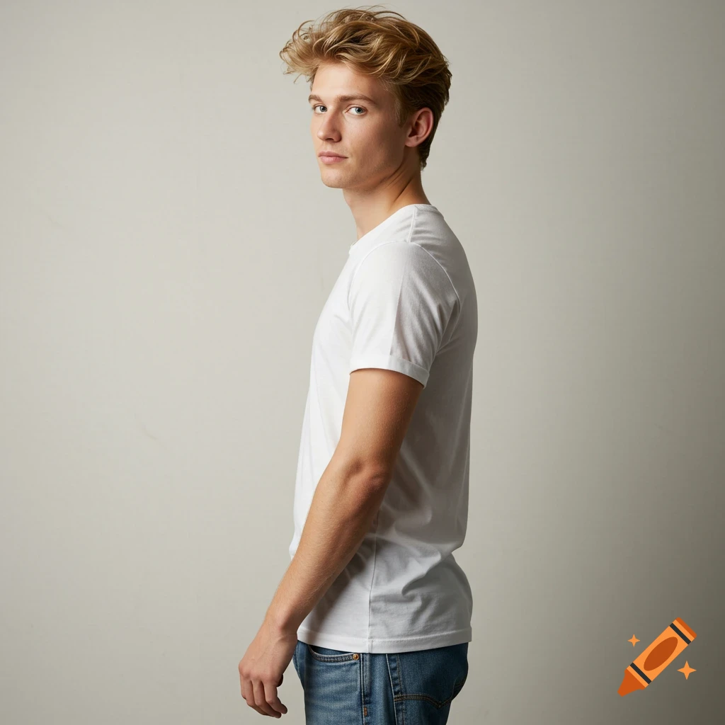 Blond man in white t-shirt and jeans looks over his shoulder.