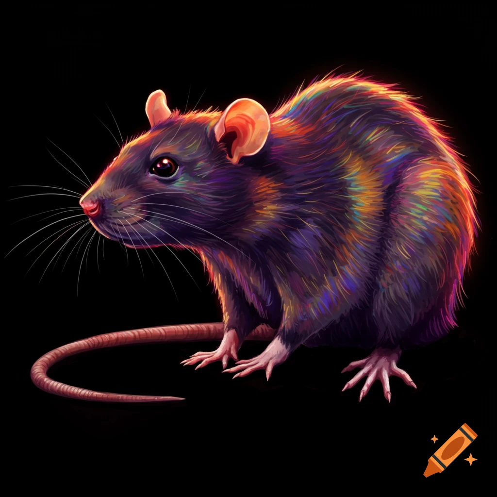 A rat with multi-colored fur on a black background.