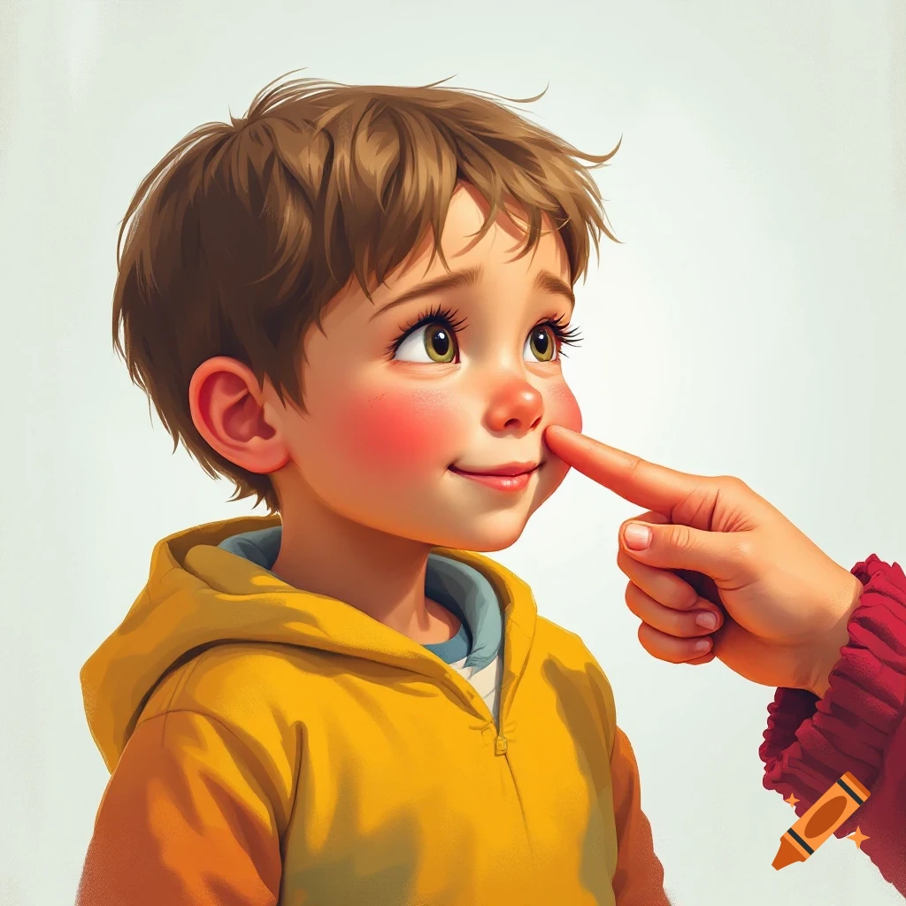 Illustrative portrait of a hand gently touching a smiling boy's cheek