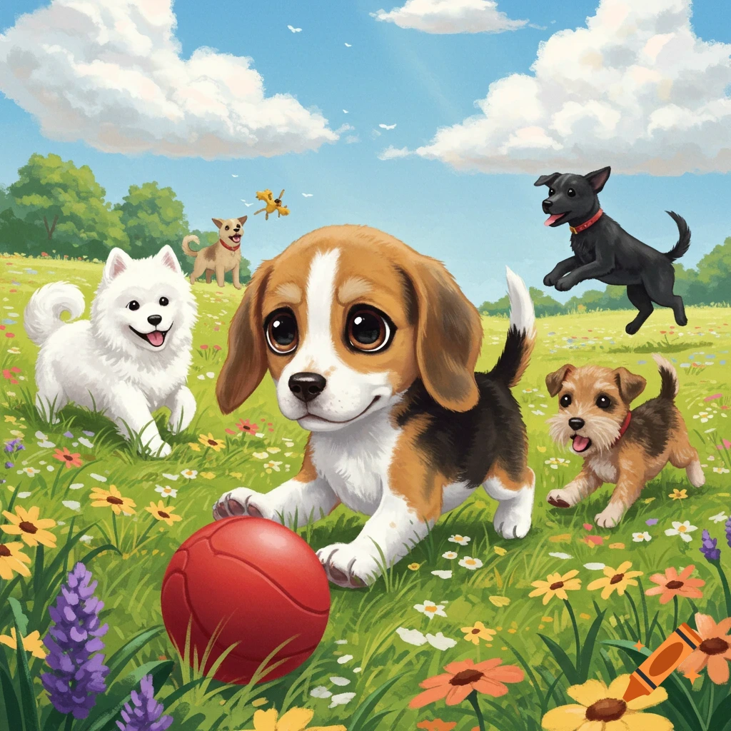 Cute beagle pup and friends playing in a flower field.
