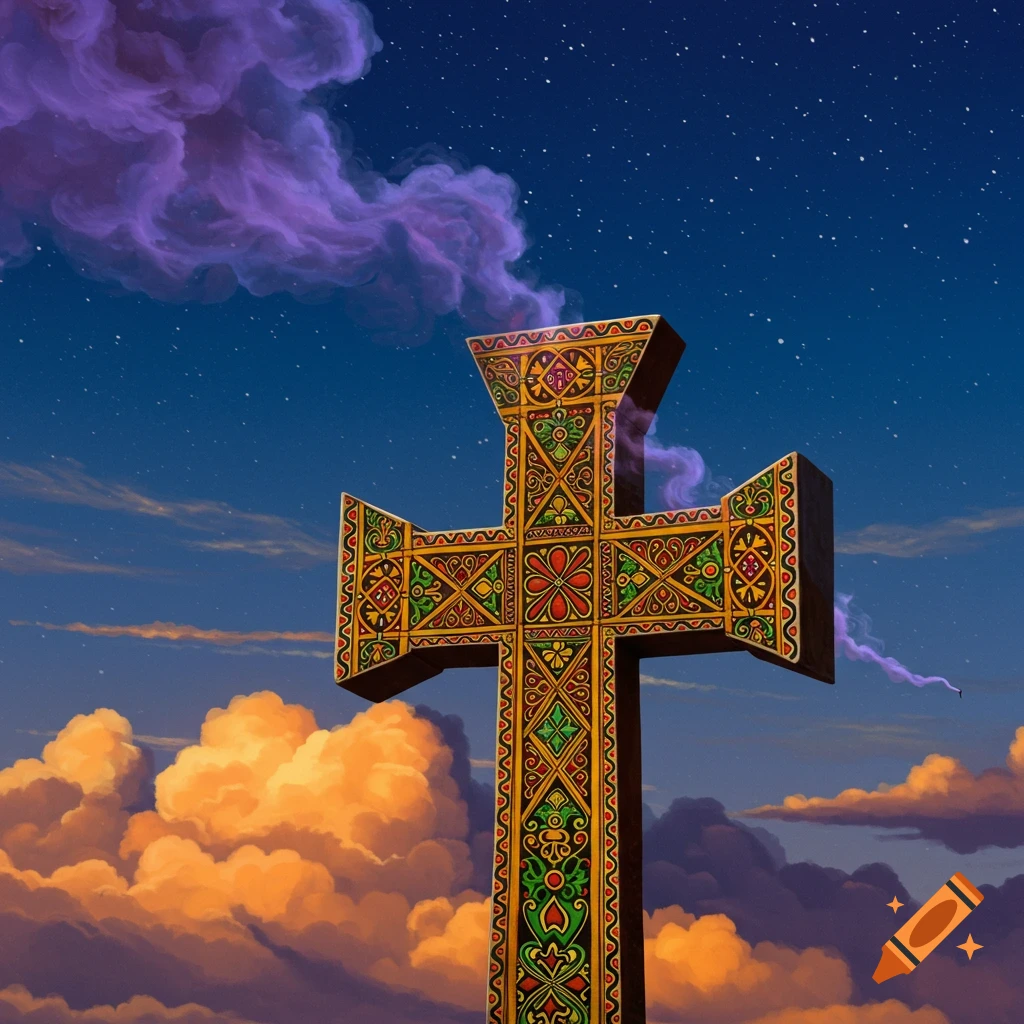An ornate, colorful cross stands against a starry sky with dramatic clouds.