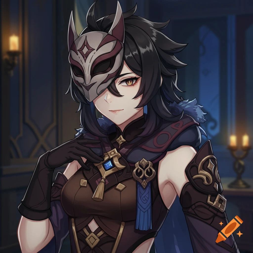 An anime illustration of a woman wearing a fox mask, dark outfit, and gloves, with a hand on her chest. She stands in a dark room with candelabra.