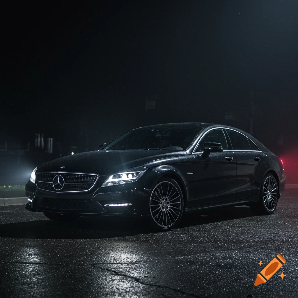 A black Mercedes-Benz CLS parked on a wet road at night. Photorealistic style.
