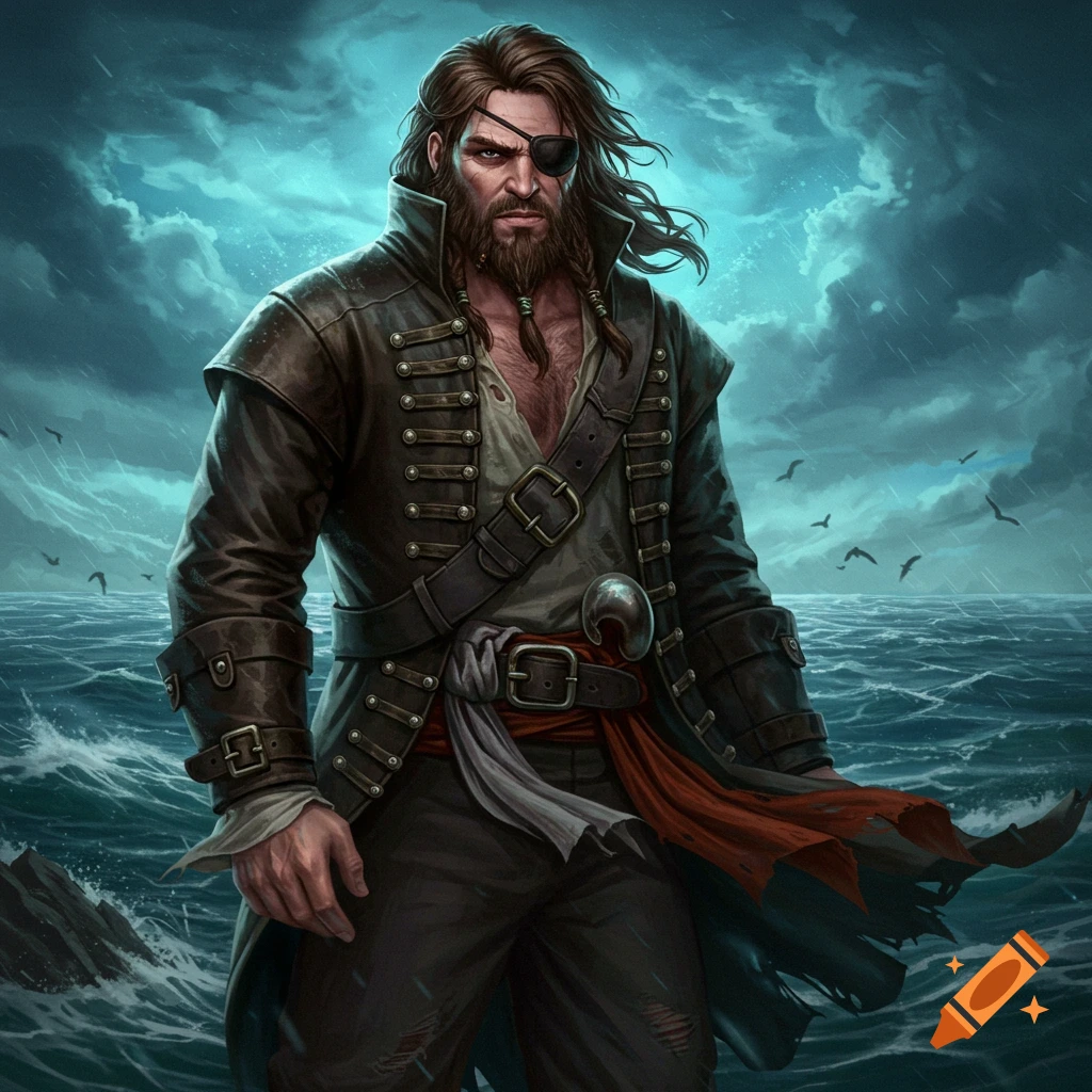 A pirate with an eye patch and long hair stands by the stormy sea.