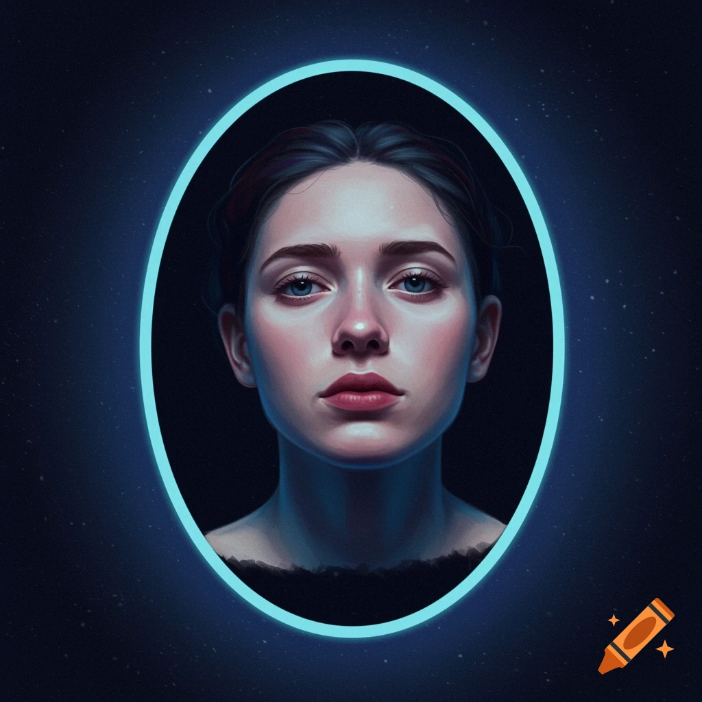 Woman's face framed by a glowing blue oval on a starry background.