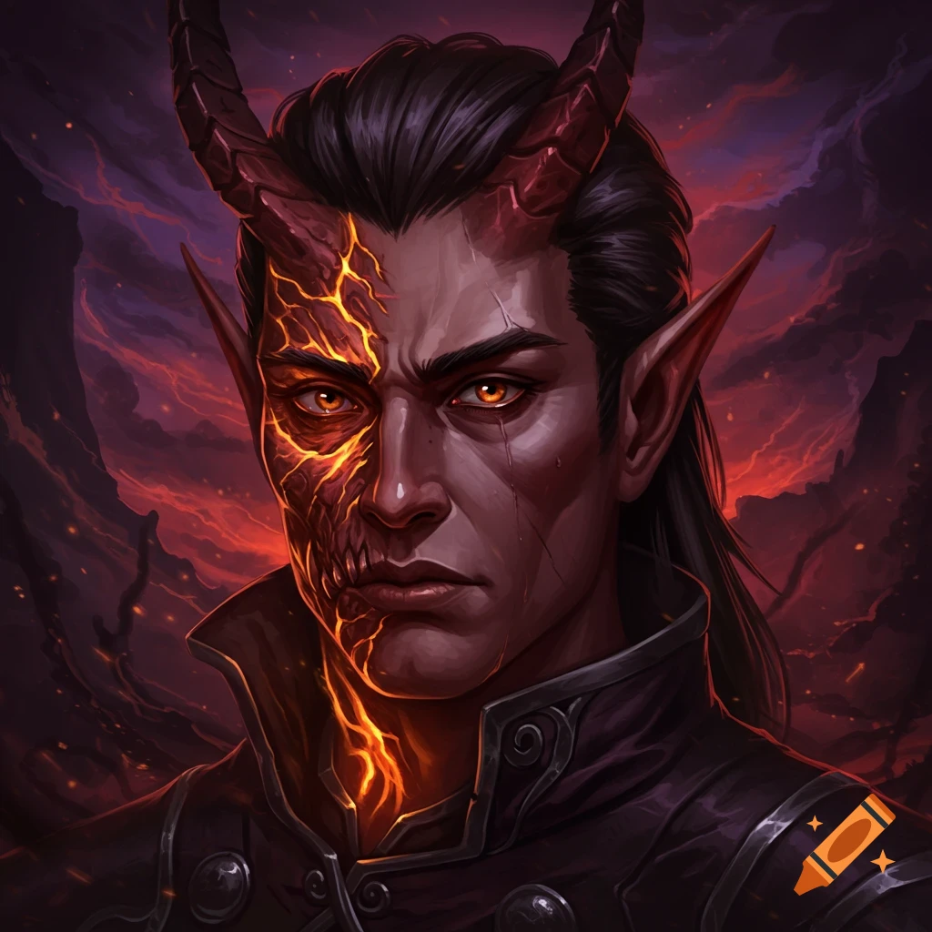 A demon elf with glowing burns on his face and horns.