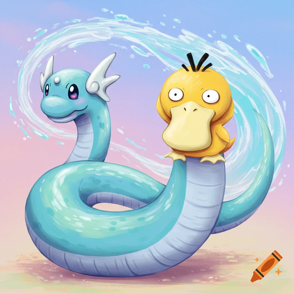 Dratini and Psyduck with a water splash behind them.