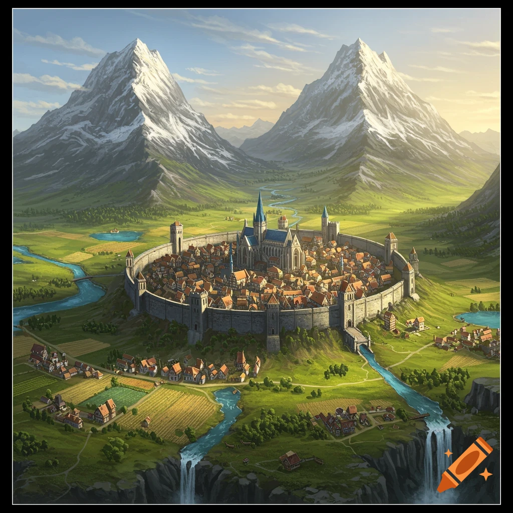 A walled fantasy city in a valley between two mountains, surrounded by farmland, rivers, and waterfalls.