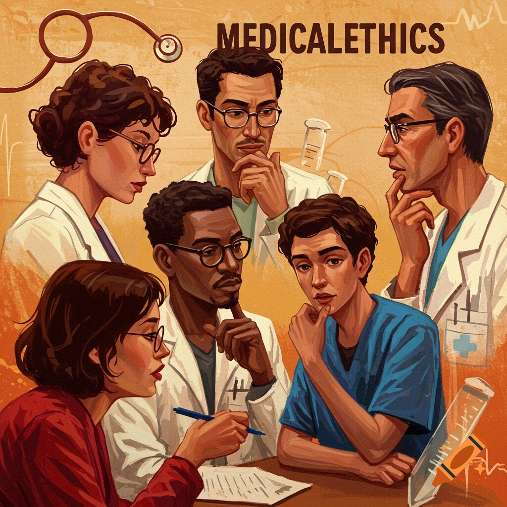 A diverse group of people are discussing medical ethics.