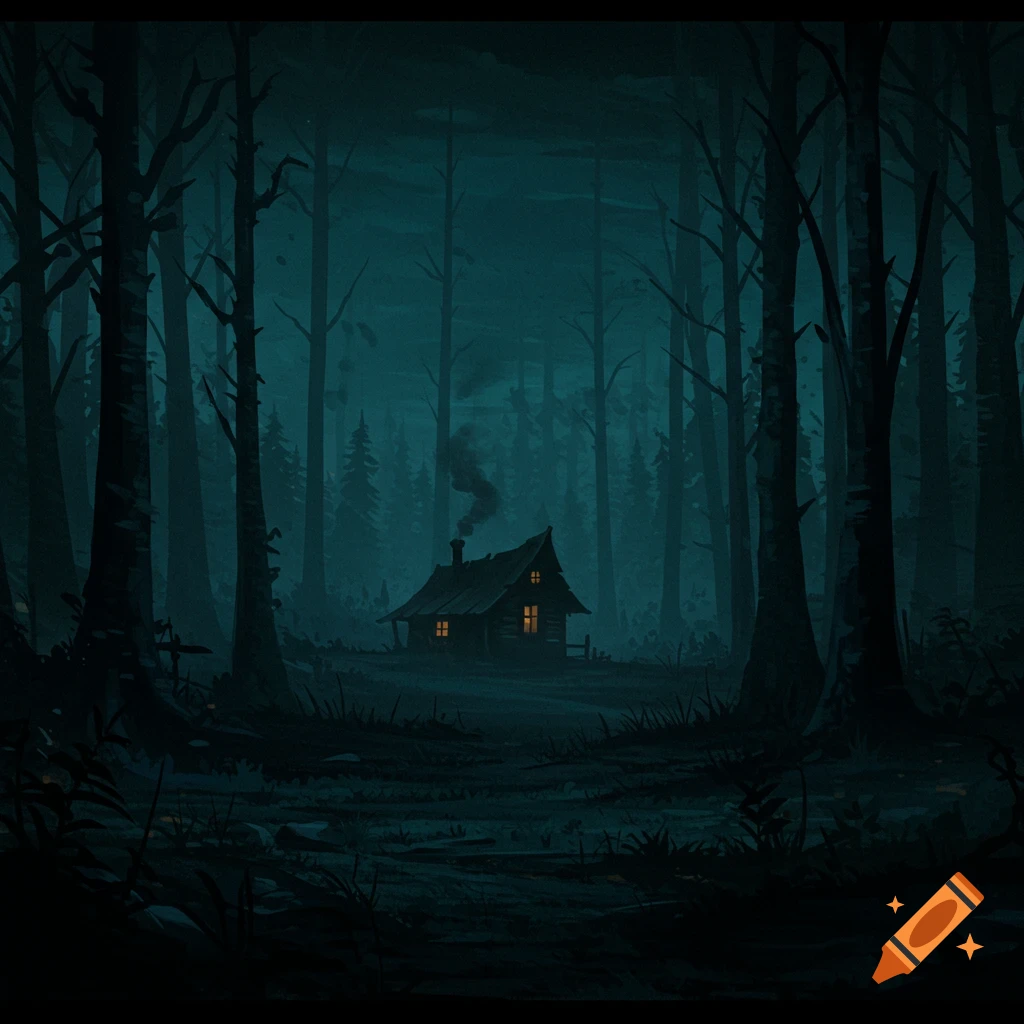 A small cabin with lit windows sits in a dark, atmospheric forest at night