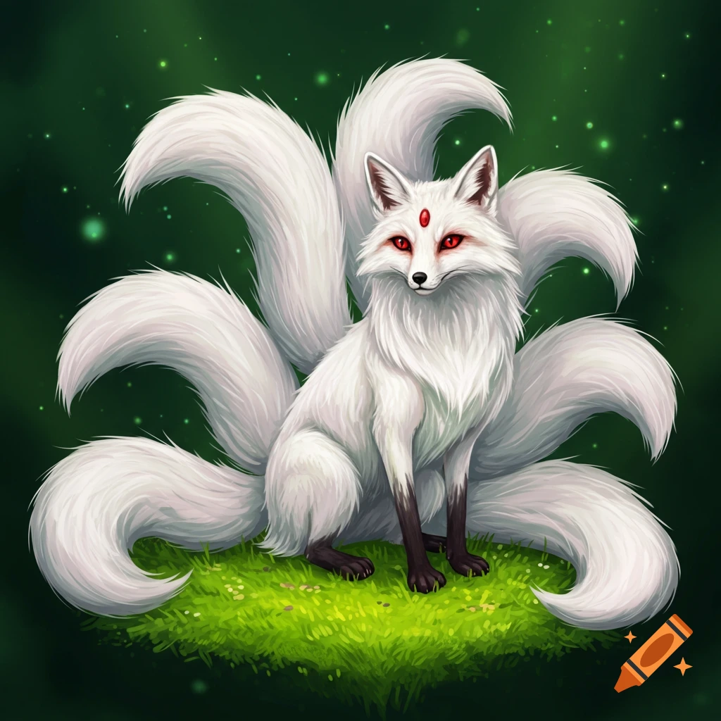 A white nine-tailed fox with red eyes sitting on grass.