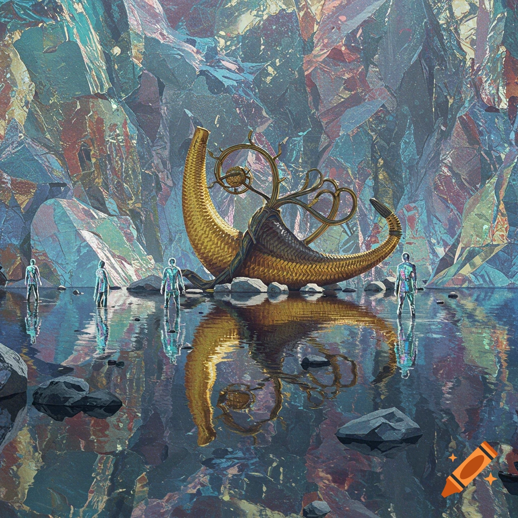 Several figures stand in shallow water in a cave looking at a large golden curved structure, digital art.