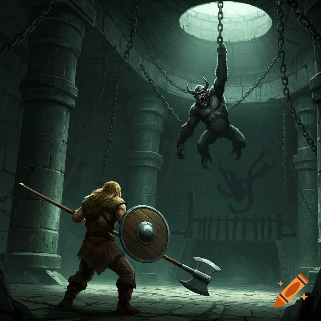 A barbarian warrior faces an ape demon hanging from chains in a dark dungeon.