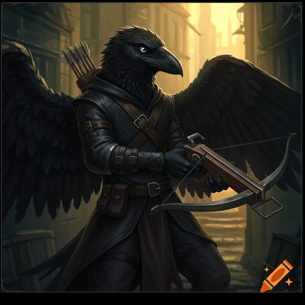 A Kenku rogue holding a crossbow in a dimly lit street.